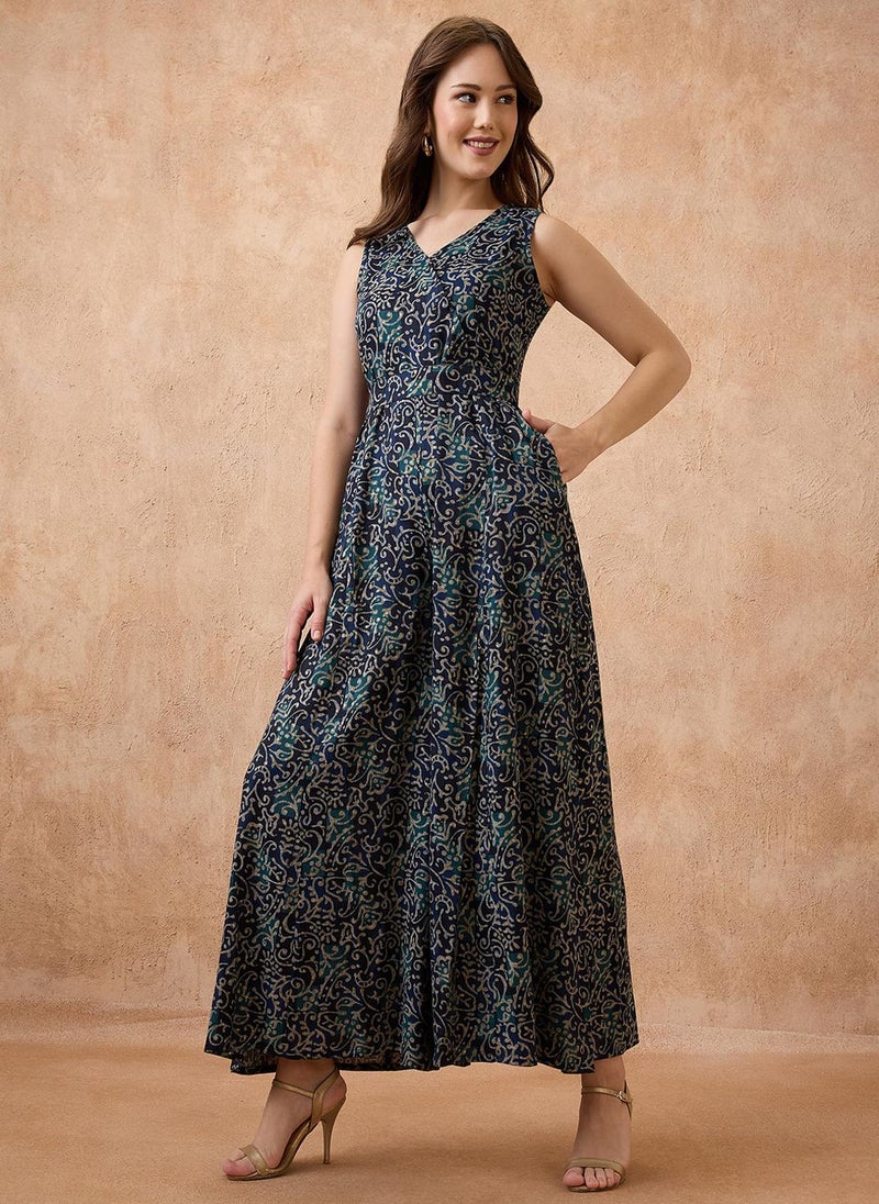 جلو باص جمبسوت نسائي بياقة على شكل حرف  وطبعات عرقية واسع بتصميم فيوجن - Image 1